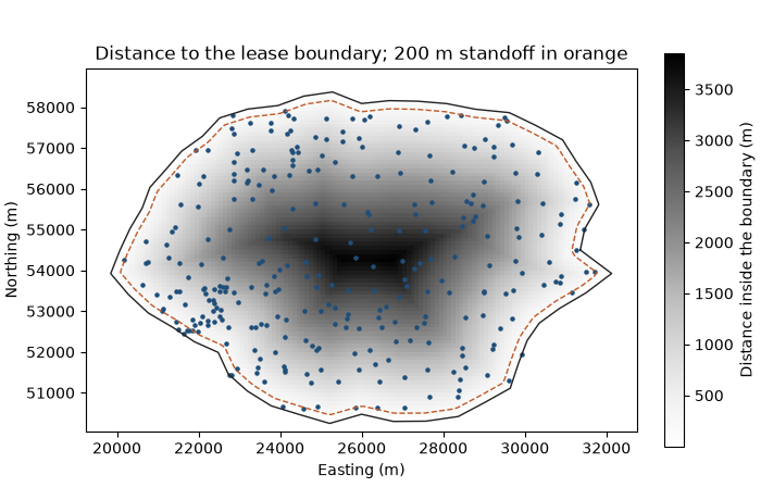 Distance to the lease boundary; 200 m standoff in orange