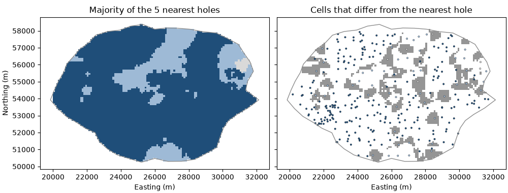 Majority of the 5 nearest holes, Cells that differ from the nearest hole