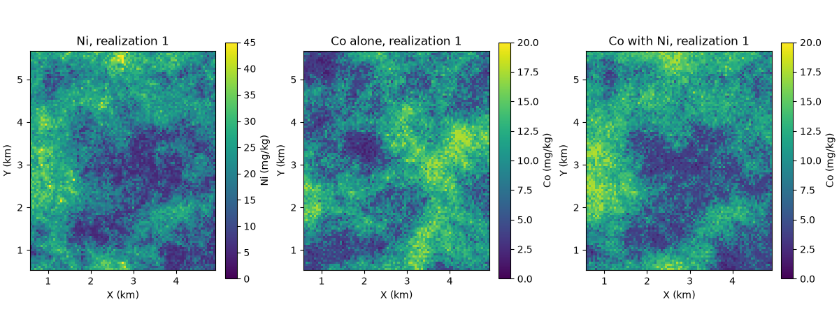 Ni, realization 1, Co alone, realization 1, Co with Ni, realization 1